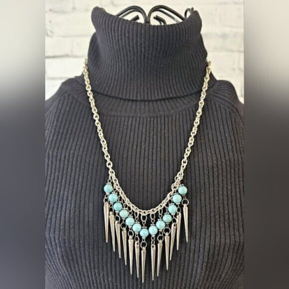 Boho Silver-Tone Spike Statement Necklace with Turquoise Beads - Picture 2 of 6